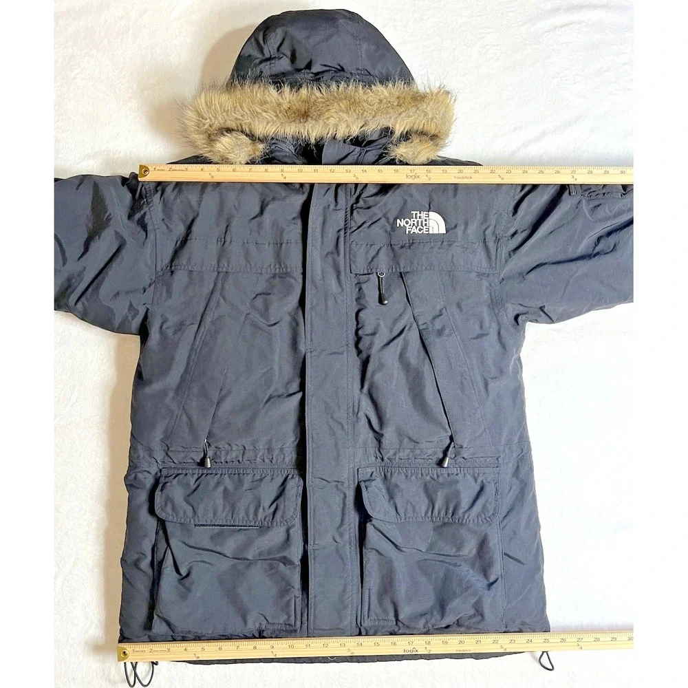 The North Face Mens Goose Down Parka Puffer Jacket L Black Fur‎ Hood Winter Warm